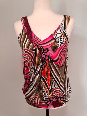 Melanie Lyne Pink & Kakahi Graphic Blouse V Neck Sleeveless Sz S